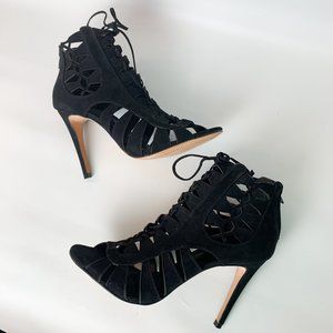 Anthropologie Klub nico black lace up heels peep toe 8